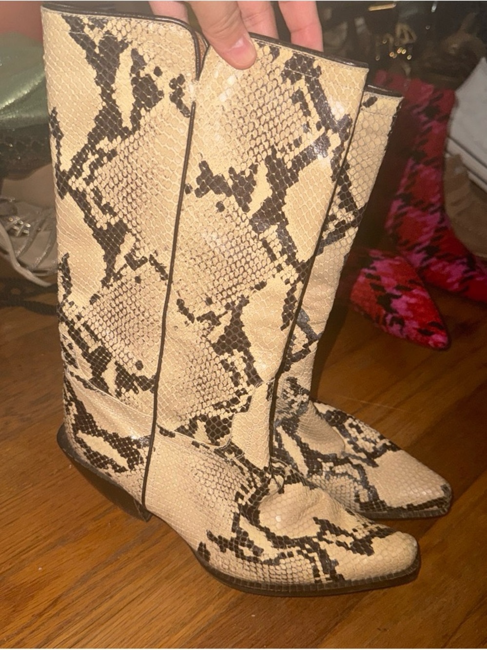 Y2K Vintage Donald J. Pliner Beige and Black Snake-Print Boots
